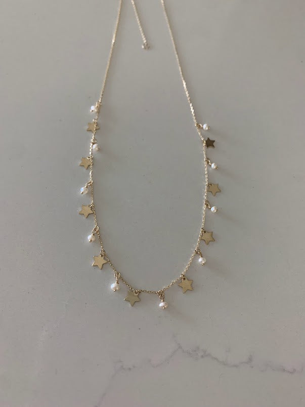14k Solid Gold Multi Stars and Pearls Necklace, Dainty Necklace, Layering Necklace, Stars Necklace, Adjustable Necklace
