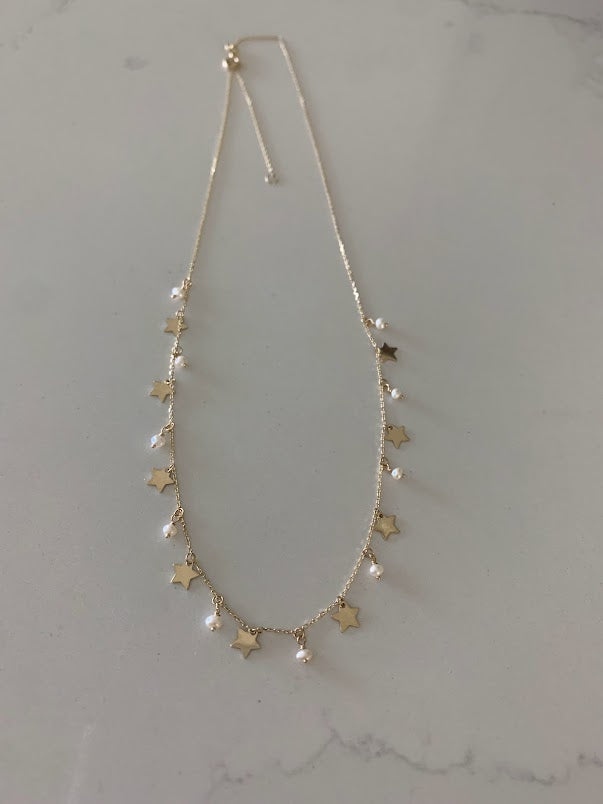 14k Solid Gold Multi Stars and Pearls Necklace, Dainty Necklace, Layering Necklace, Stars Necklace, Adjustable Necklace