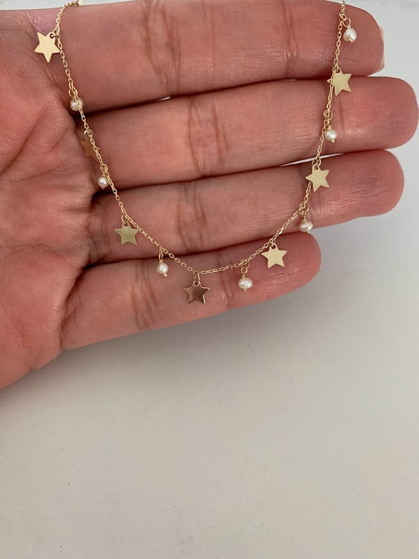 14k Solid Gold Multi Stars and Pearls Necklace, Dainty Necklace, Layering Necklace, Stars Necklace, Adjustable Necklace