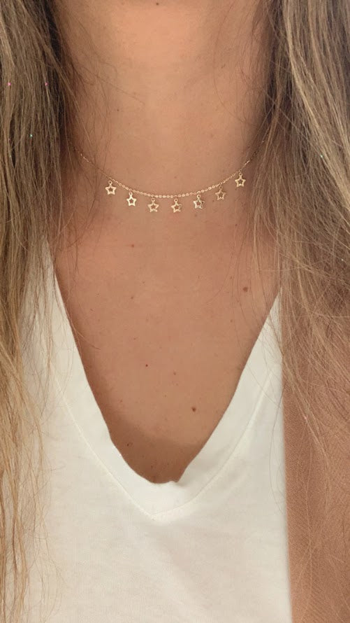 14k Solid Gold Open Stars Necklace, Dainty Necklace, Layering Necklace, Stars Necklace, Adjustable Necklace