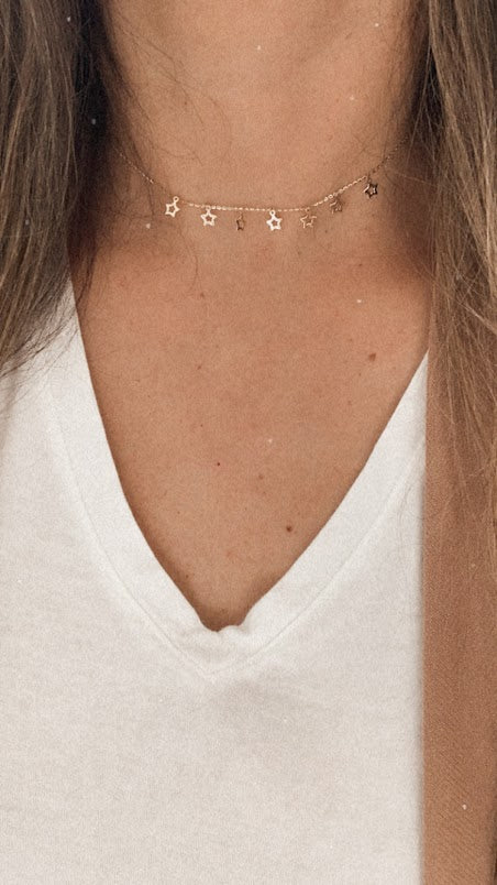 14k Solid Gold Open Stars Necklace, Dainty Necklace, Layering Necklace, Stars Necklace, Adjustable Necklace
