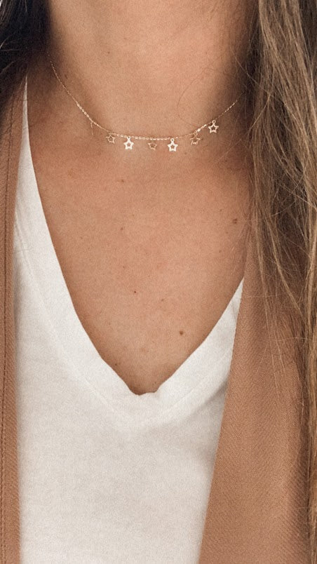 14k Solid Gold Open Stars Necklace, Dainty Necklace, Layering Necklace, Stars Necklace, Adjustable Necklace