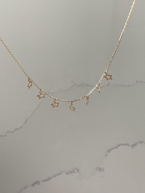 14k Solid Gold Open Stars Necklace, Dainty Necklace, Layering Necklace, Stars Necklace, Adjustable Necklace