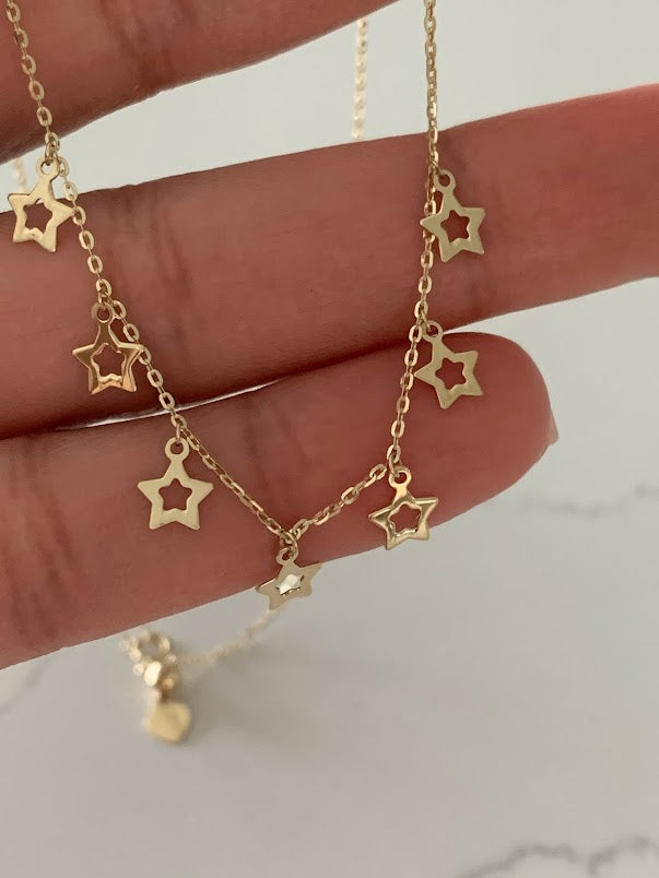 14k Solid Gold Open Stars Necklace, Dainty Necklace, Layering Necklace, Stars Necklace, Adjustable Necklace