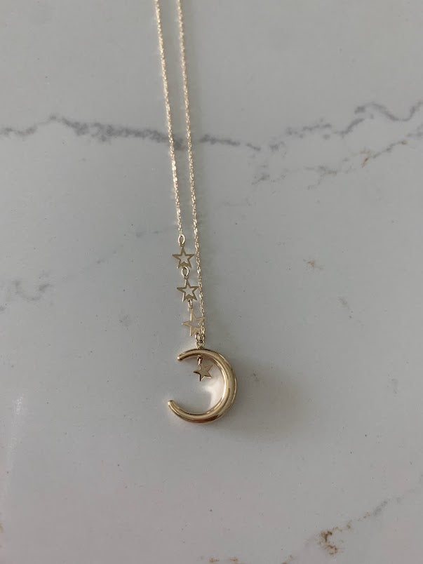 14k Solid Gold Moon with hanging Stars Necklace, Bold Moon 14k Gold, Hollow Moon, Dainty Necklace, Layering Necklace, Stars Necklace