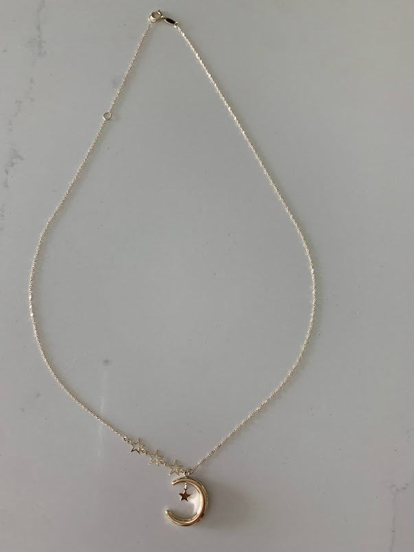 14k Solid Gold Moon with hanging Stars Necklace, Bold Moon 14k Gold, Hollow Moon, Dainty Necklace, Layering Necklace, Stars Necklace