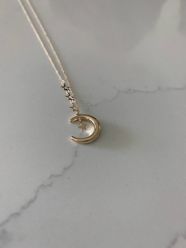 14k Solid Gold Moon with hanging Stars Necklace, Bold Moon 14k Gold, Hollow Moon, Dainty Necklace, Layering Necklace, Stars Necklace