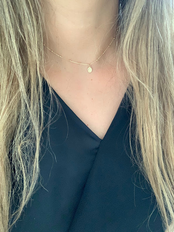 14k Solid Gold Tiny Beads Necklace, Mini Our Lady of Miracle Pendant, Dainty Necklace, Layering Necklace, 16" Necklace