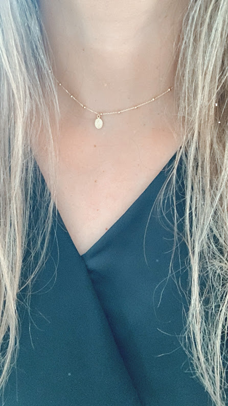 14k Solid Gold Tiny Beads Necklace, Mini Our Lady of Miracle Pendant, Dainty Necklace, Layering Necklace, 16" Necklace