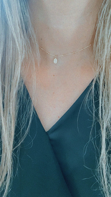 14k Solid Gold Tiny Beads Necklace, Mini Our Lady of Miracle Pendant, Dainty Necklace, Layering Necklace, 16" Necklace