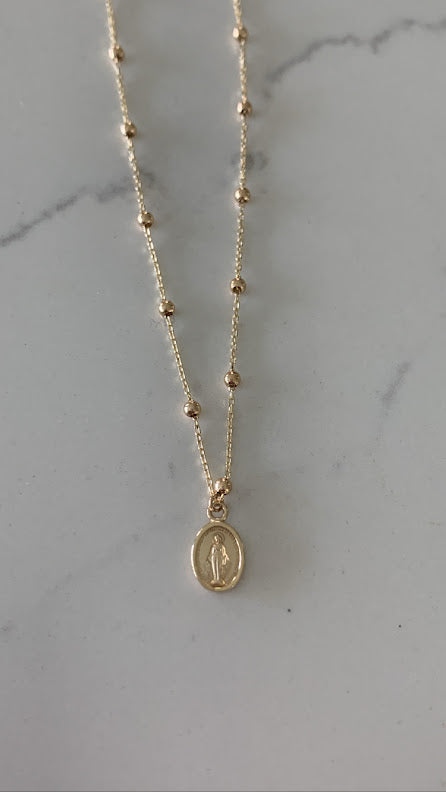 14k Solid Gold Tiny Beads Necklace, Mini Our Lady of Miracle Pendant, Dainty Necklace, Layering Necklace, 16" Necklace