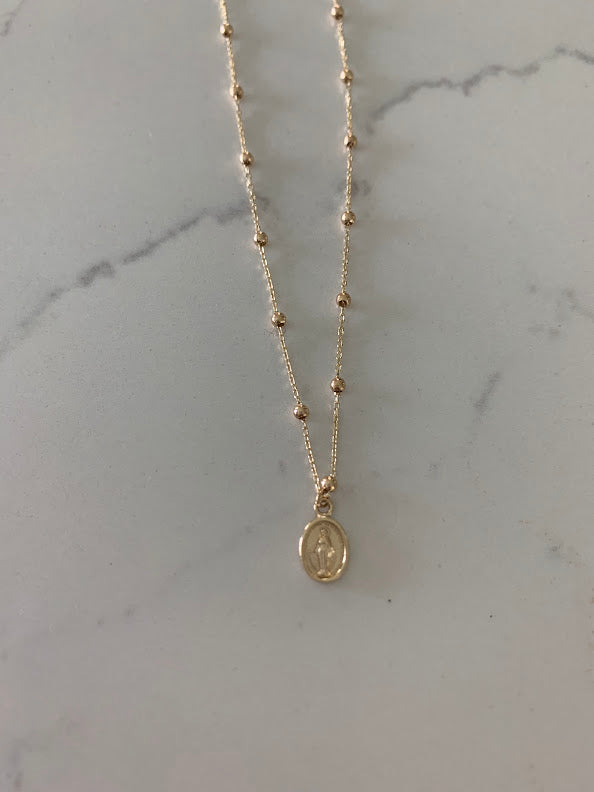 14k Solid Gold Tiny Beads Necklace, Mini Our Lady of Miracle Pendant, Dainty Necklace, Layering Necklace, 16" Necklace