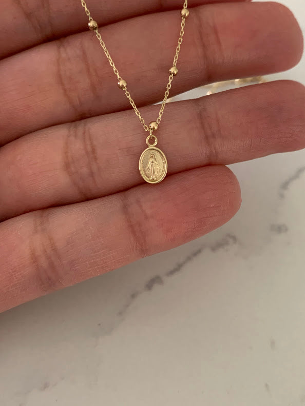 14k Solid Gold Tiny Beads Necklace, Mini Our Lady of Miracle Pendant, Dainty Necklace, Layering Necklace, 16" Necklace