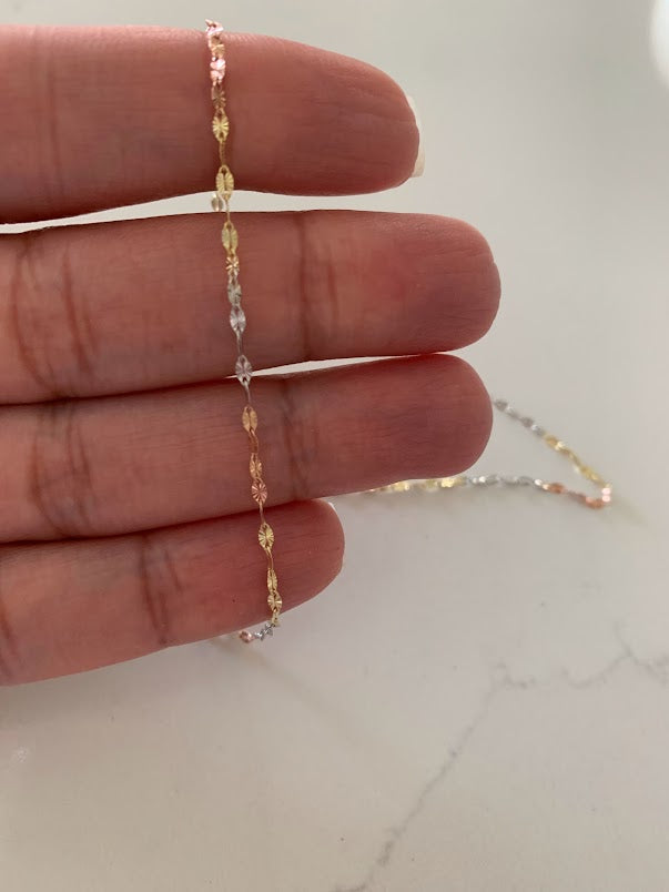 14K Tri Color Gold Mirror Chain, Gold Chain, 1.7mm Twisted Diamond Cut Mirror Chain
