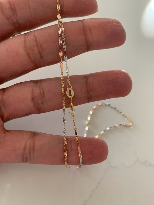 14K Tri Color Gold Mirror Chain, Gold Chain, 1.7mm Twisted Diamond Cut Mirror Chain