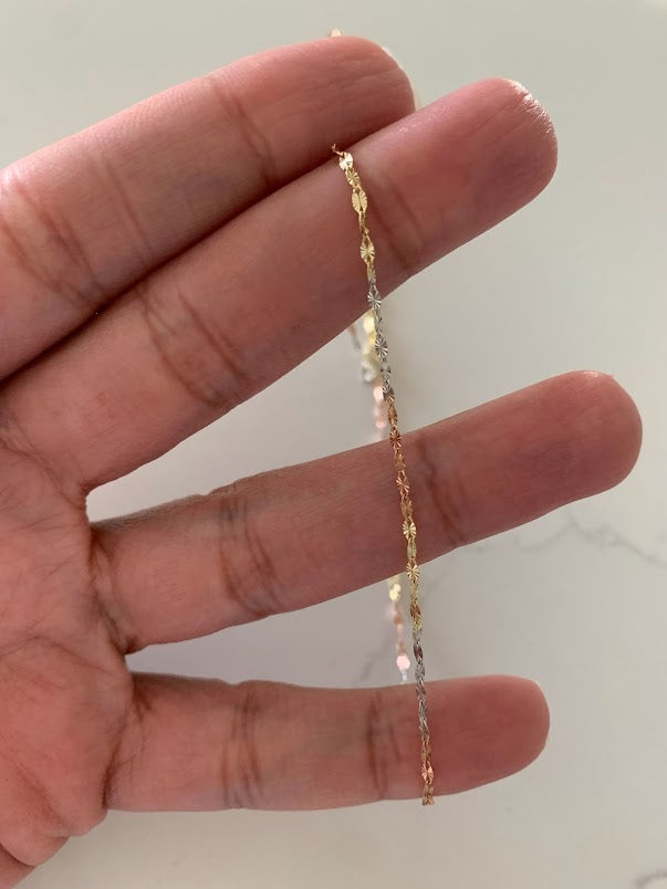 14K Tri Color Gold Mirror Chain, Gold Chain, 1.7mm Twisted Diamond Cut Mirror Chain