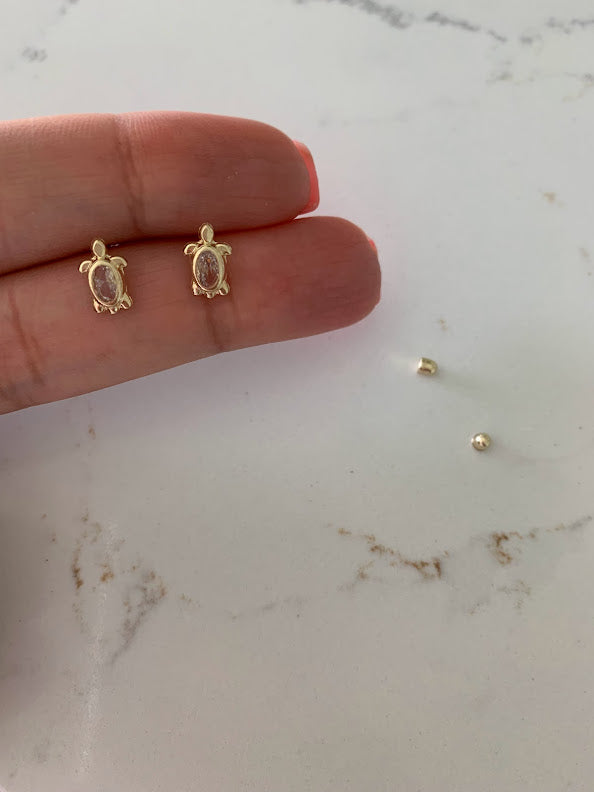 14K Solid Yellow Gold Turtle Earrings, CZ Turtle Earrings, Girl Earrings, Children Earring, Girl Studs