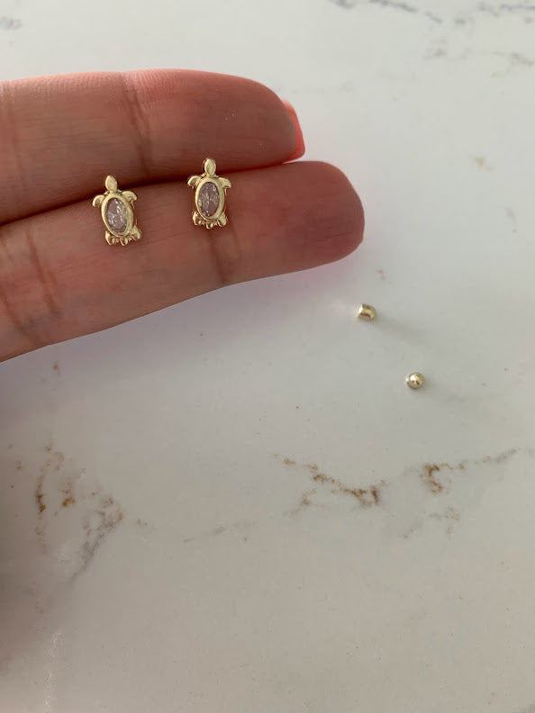 14K Solid Yellow Gold Turtle Earrings, CZ Turtle Earrings, Girl Earrings, Children Earring, Girl Studs