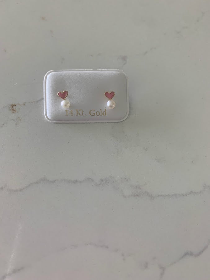 14K Solid Gold Pearl Heart Earrings | Dainty Pink Hearts Fresh Water Pearl Stud Earrings | Pearl Earrings | Pearl Studs | Girl Studs