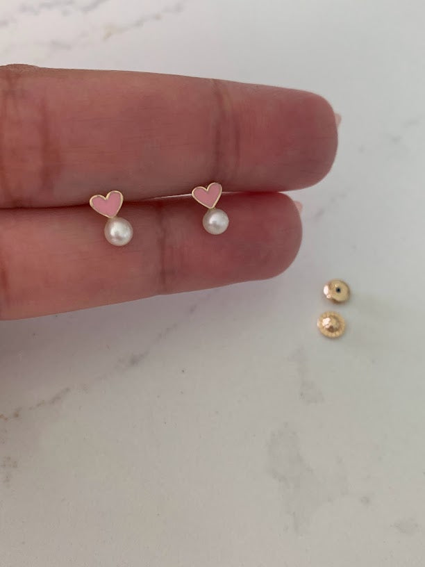 14K Solid Gold Pearl Heart Earrings | Dainty Pink Hearts Fresh Water Pearl Stud Earrings | Pearl Earrings | Pearl Studs | Girl Studs