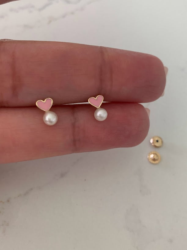 14K Solid Gold Pearl Heart Earrings | Dainty Pink Hearts Fresh Water Pearl Stud Earrings | Pearl Earrings | Pearl Studs | Girl Studs