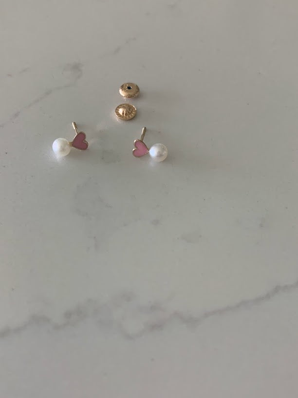 14K Solid Gold Pearl Heart Earrings | Dainty Pink Hearts Fresh Water Pearl Stud Earrings | Pearl Earrings | Pearl Studs | Girl Studs