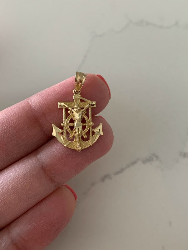 14K Solid Gold Jesus in a Anchor Pendant | Yellow Gold Pendant | Anchor Pendant | 14K Gold Pendant