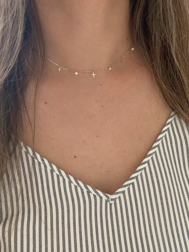 14K Solid Gold Cross and Discs Necklace | Yellow Gold Cross | Cross | 14K Solid Gold Cross Necklace | 3MM Cross