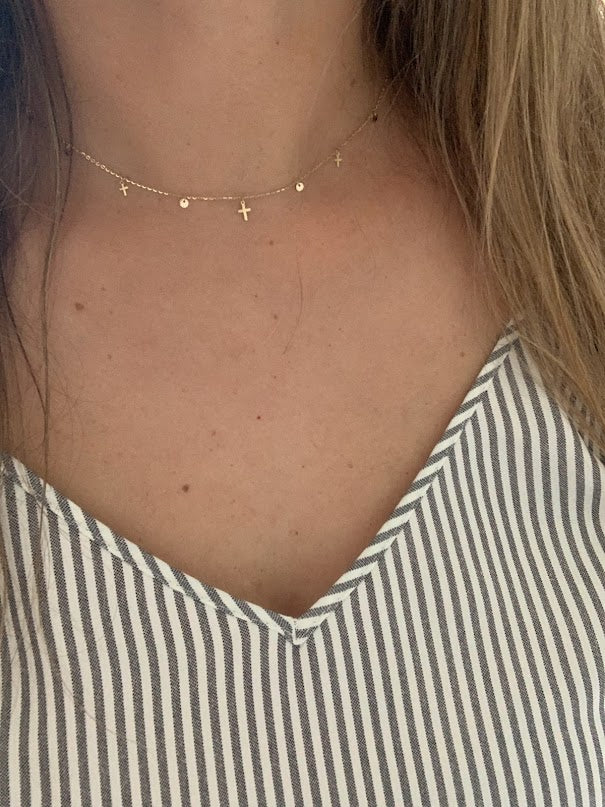 14K Solid Gold Cross and Discs Necklace | Yellow Gold Cross | Cross | 14K Solid Gold Cross Necklace | 3MM Cross
