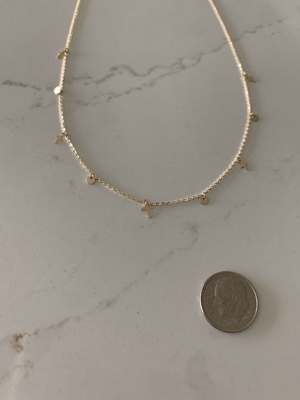 14K Solid Gold Cross and Discs Necklace | Yellow Gold Cross | Cross | 14K Solid Gold Cross Necklace | 3MM Cross