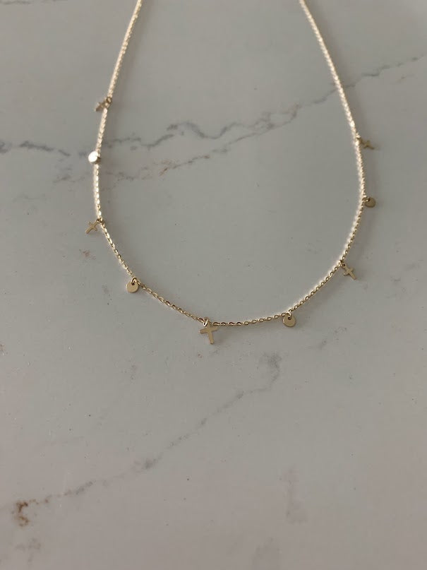 14K Solid Gold Cross and Discs Necklace | Yellow Gold Cross | Cross | 14K Solid Gold Cross Necklace | 3MM Cross