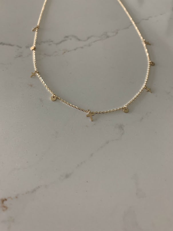14K Solid Gold Cross and Discs Necklace | Yellow Gold Cross | Cross | 14K Solid Gold Cross Necklace | 3MM Cross