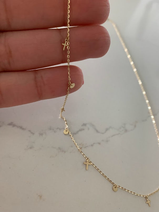 14K Solid Gold Cross and Discs Necklace | Yellow Gold Cross | Cross | 14K Solid Gold Cross Necklace | 3MM Cross