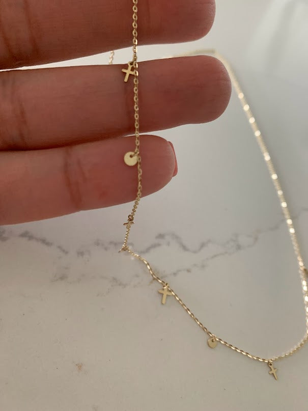 14K Solid Gold Cross and Discs Necklace | Yellow Gold Cross | Cross | 14K Solid Gold Cross Necklace | 3MM Cross