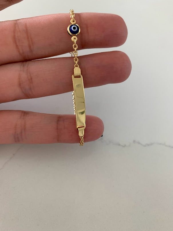 14K Gold ID Bracelet with Blue Evil Eye, Cable Link Bracelet, 25MM by 5MM Plate, 5" - 6" Length, Lobster Clasp, Kids Bracelet