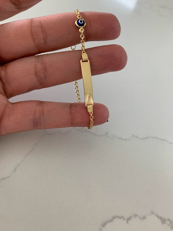 14K Gold ID Bracelet with Blue Evil Eye, Cable Link Bracelet, 25MM by 5MM Plate, 5" - 6" Length, Lobster Clasp, Kids Bracelet