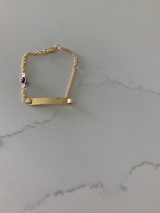 14K Gold ID Bracelet with Blue Evil Eye, Cable Link Bracelet, 25MM by 5MM Plate, 5" - 6" Length, Lobster Clasp, Kids Bracelet