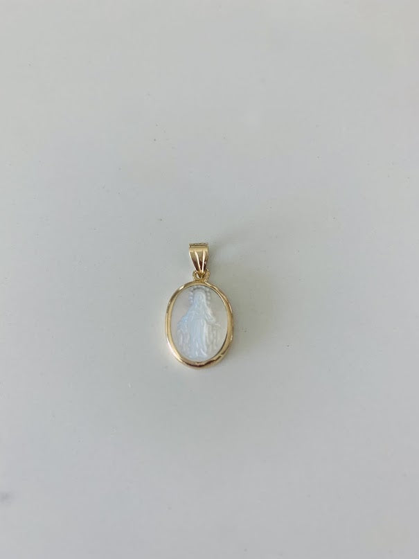 15MM 14K Oval Gold Virgin of Miracles with Mother Pearl | Yellow Gold Pendant | Catholic Pendant | 14K Gold Pendant