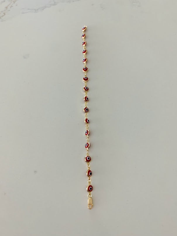 14K Gold Red Evil Eye Bracelet , Red Evil Eye, 5mm Eye Diameter, 7" Length, Lobster Clasp, Dainty Bracelet