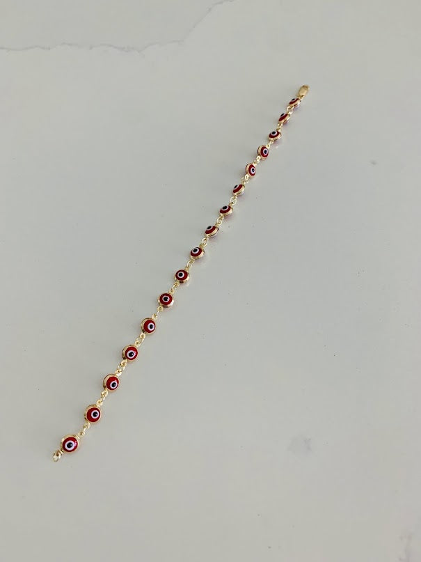 14K Gold Red Evil Eye Bracelet , Red Evil Eye, 5mm Eye Diameter, 7" Length, Lobster Clasp, Dainty Bracelet