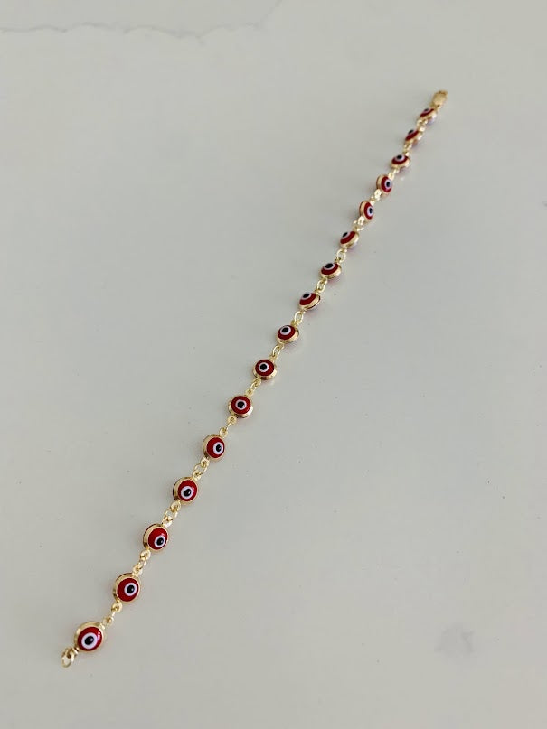14K Gold Red Evil Eye Bracelet , Red Evil Eye, 5mm Eye Diameter, 7" Length, Lobster Clasp, Dainty Bracelet