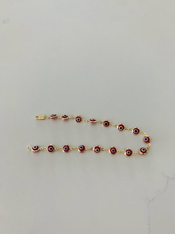 14K Gold Red Evil Eye Bracelet , Red Evil Eye, 5mm Eye Diameter, 7" Length, Lobster Clasp, Dainty Bracelet