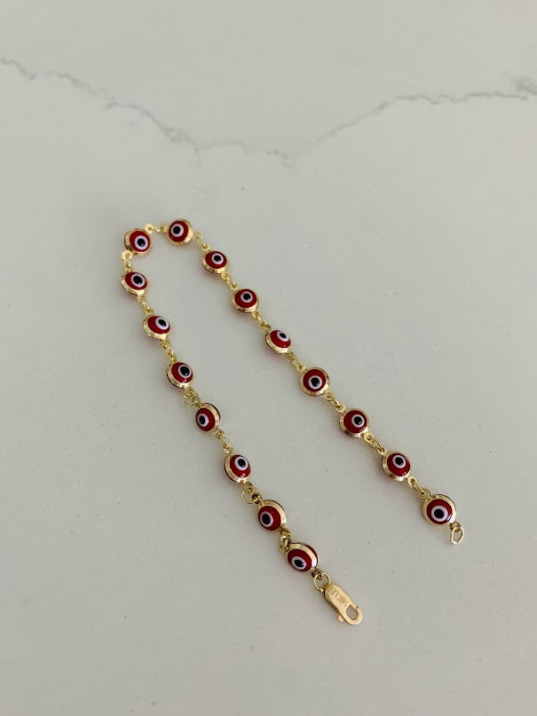 14K Gold Red Evil Eye Bracelet , Red Evil Eye, 5mm Eye Diameter, 7" Length, Lobster Clasp, Dainty Bracelet