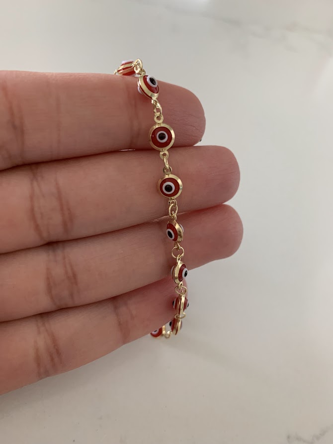 14K Gold Red Evil Eye Bracelet , Red Evil Eye, 5mm Eye Diameter, 7" Length, Lobster Clasp, Dainty Bracelet