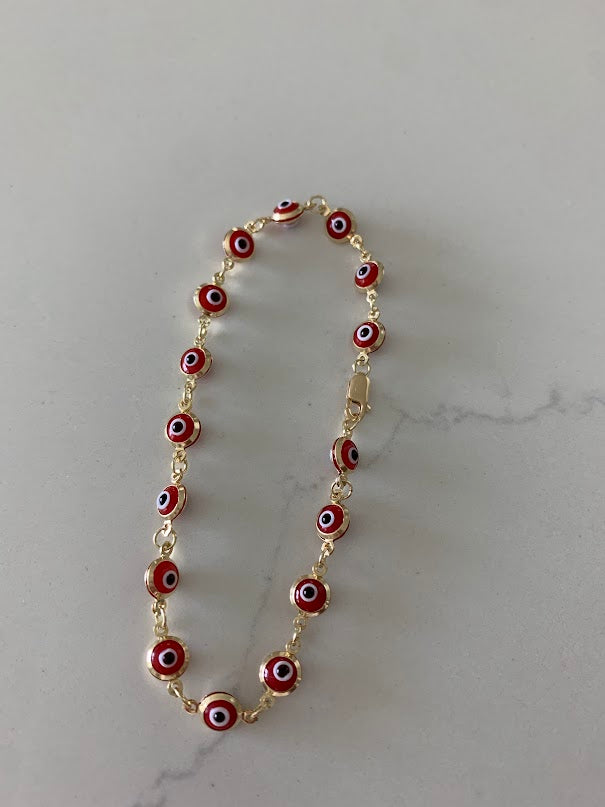 14K Gold Red Evil Eye Bracelet , Red Evil Eye, 5mm Eye Diameter, 7" Length, Lobster Clasp, Dainty Bracelet
