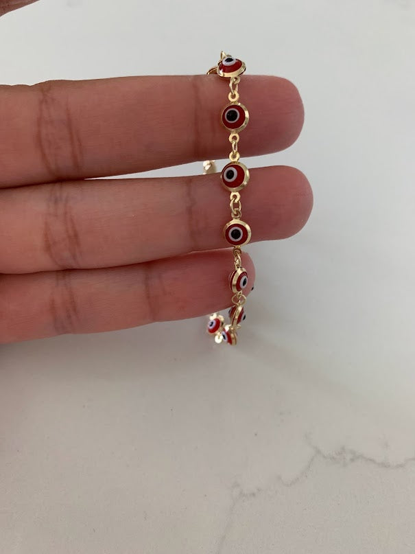14K Gold Red Evil Eye Bracelet , Red Evil Eye, 5mm Eye Diameter, 7" Length, Lobster Clasp, Dainty Bracelet