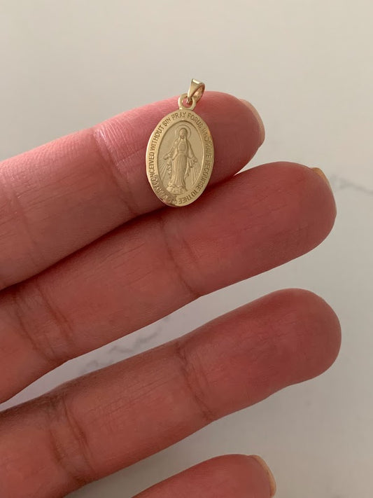 14K Solid Gold Virgin of Miracles | Yellow Gold Virgin | Catholic Pendant | 14K Virgen de la Milagrosa | 15MM