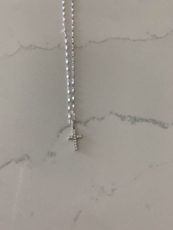 14K White Gold Cross on DC Mirror Chain, 1.7mm Twisted Diamond Cut Mirror Chain, Shiny Dual Mirror, Cubic Zirconia 14K White Gold Cross