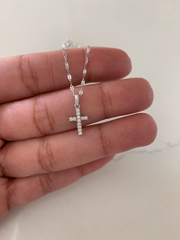 14K White Gold Cross on DC Mirror Chain, 1.7mm Twisted Diamond Cut Mirror Chain, Shiny Dual Mirror, Cubic Zirconia 14K White Gold Cross