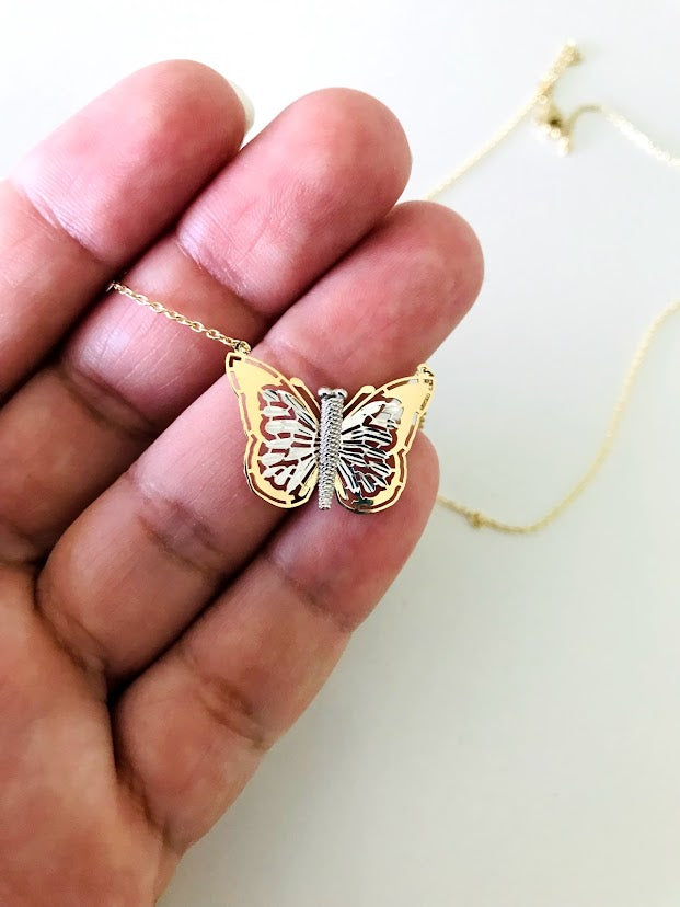 14k Yellow Gold and White Gold Butterfly Necklace 17", Dainty Butterfly Chain, Layering Necklace, Butterfly Chain